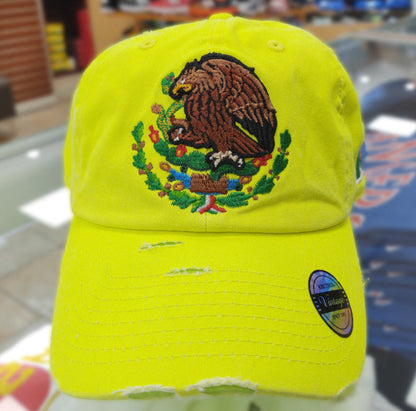 Mexico Vintage Hats With Mexican Flag and Shield Neon Lime Hat