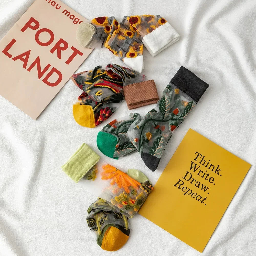 BotaniBabe Sheer Bloom Socks – Embroidered Crystal Silk Socks