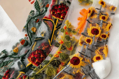 BotaniBabe Sheer Bloom Socks – Embroidered Crystal Silk Socks
