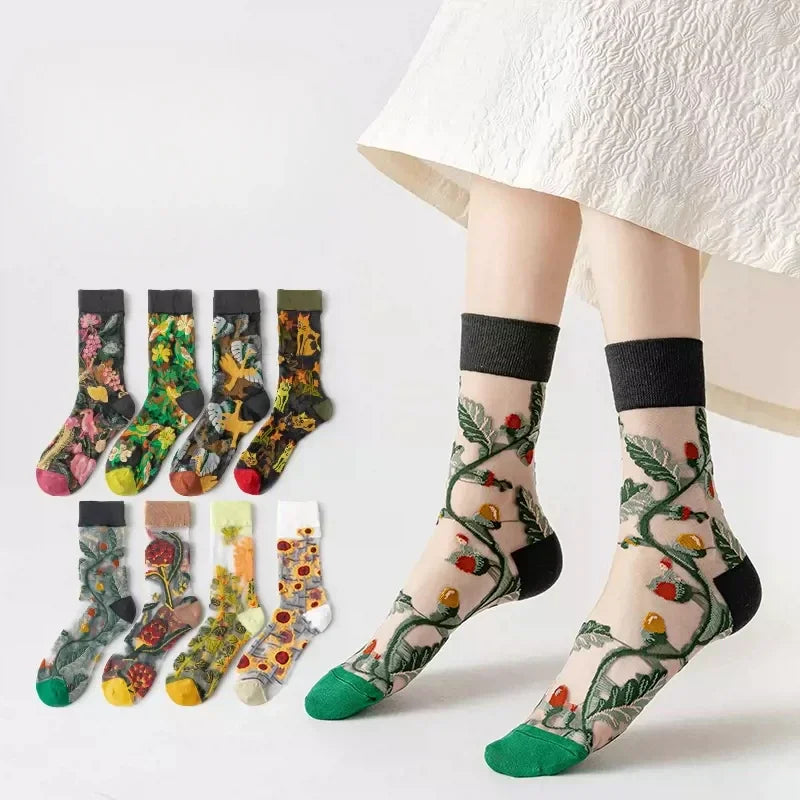 BotaniBabe Sheer Bloom Socks – Embroidered Crystal Silk Socks