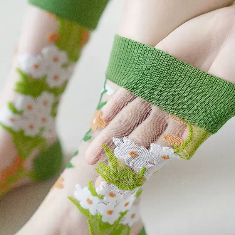 BotaniBabe Sheer Bloom Socks – Embroidered Crystal Silk Socks