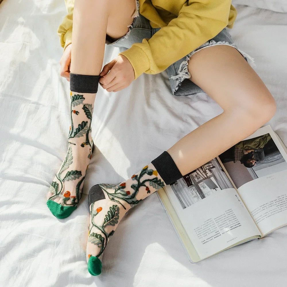 BotaniBabe Sheer Bloom Socks – Embroidered Crystal Silk Socks