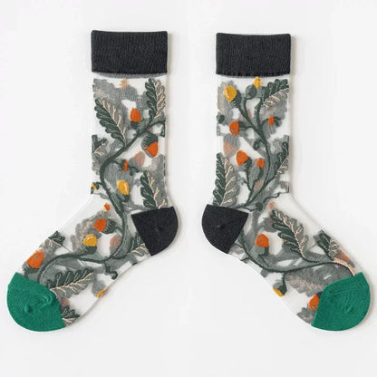 BotaniBabe Sheer Bloom Socks – Embroidered Crystal Silk Socks