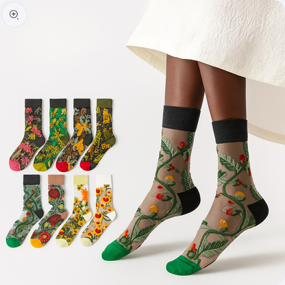 BotaniBabe Sheer Bloom Socks – Embroidered Crystal Silk Socks
